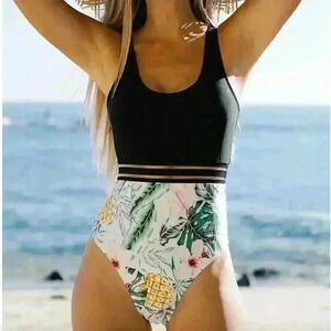 One Piece High Cut Swimsuit Black Floral See Through Mesh Size XL Beach Vacation